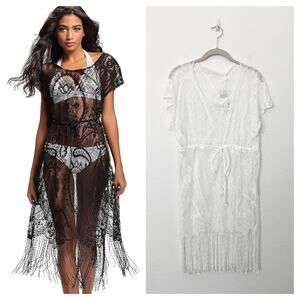 [Costyleen] White Fringe Hem Scoop Neck Sheer Beach Swim Coverup NWT Sz Medium M